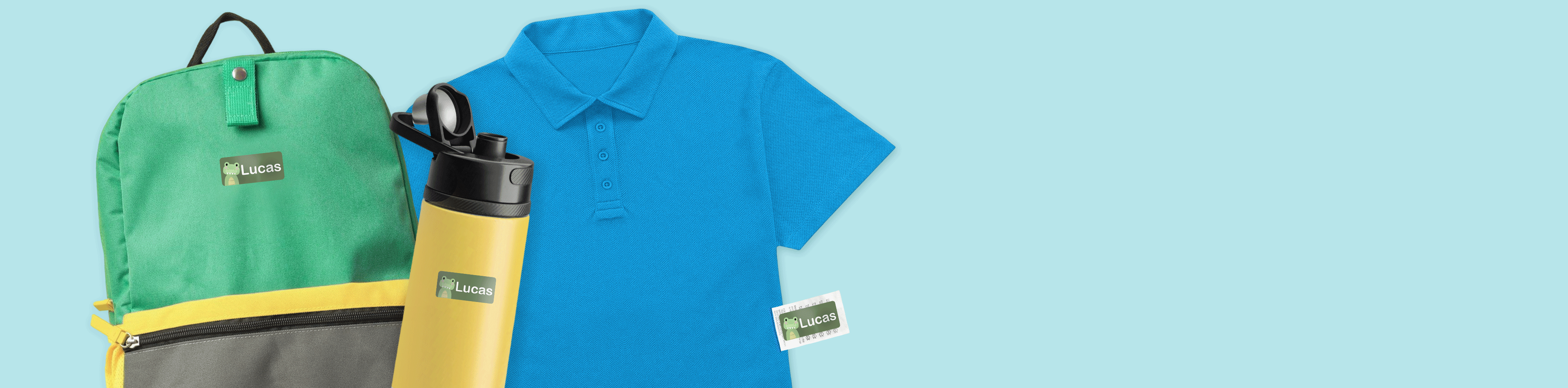 Clothes, bottle and bag with personalised name stickers