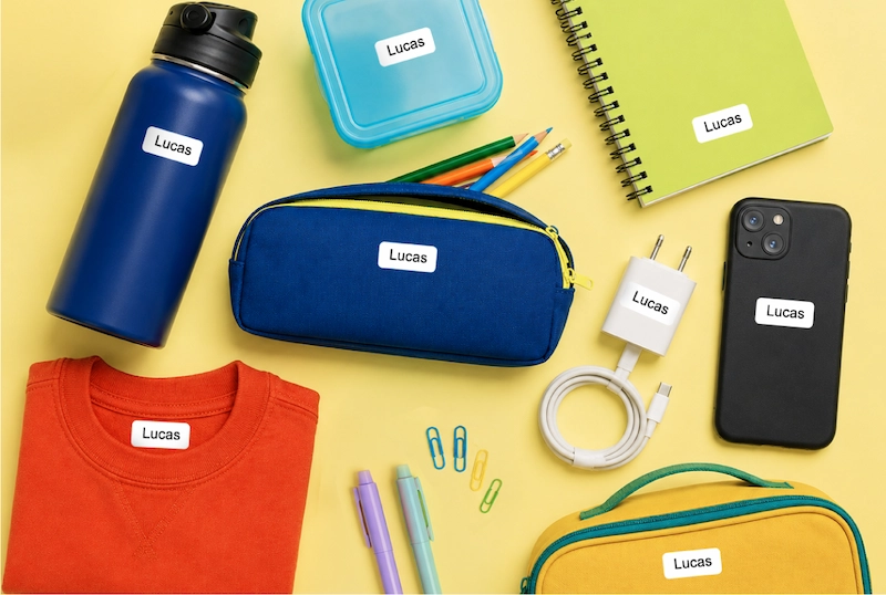Black and white personalised name label on clothing and everyday items