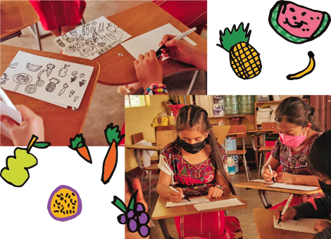 A collage of children engaged in various art activities in a colorful classroom setting