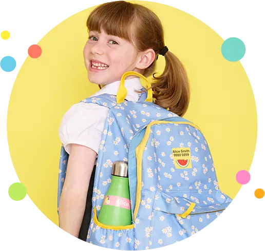 school girl with label on her backpack