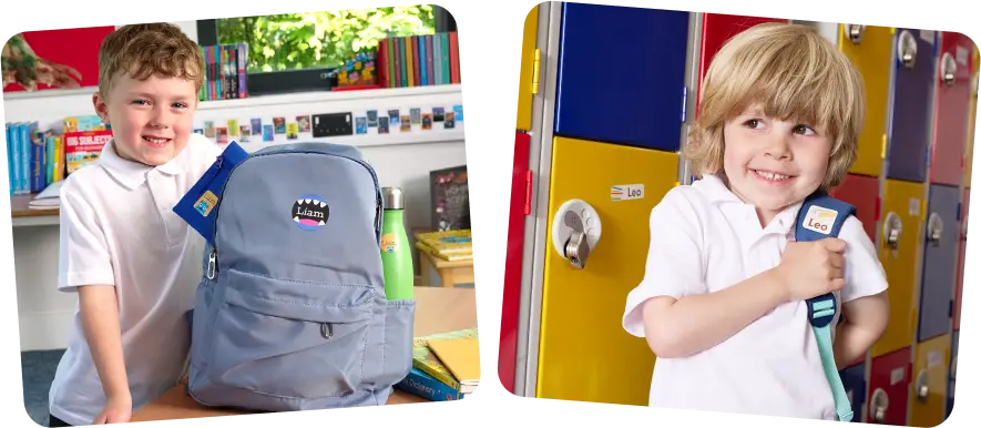 two school boys with name stickers on their personal items