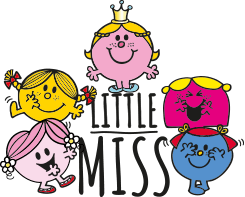 Little Miss characters with Little Miss written in the center, on a lilac background